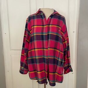 Diane Von Furstenberg Plaid Button Down Shirt Women's Size M Pink Blue Yellow